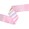 LA Ribbons Wholesale - 2 1/2" Wired Dupioni Ribbon | Green/Pink/Purple Large Horizontal Stripe with Pink Gingham Backing | 10 Yard Roll