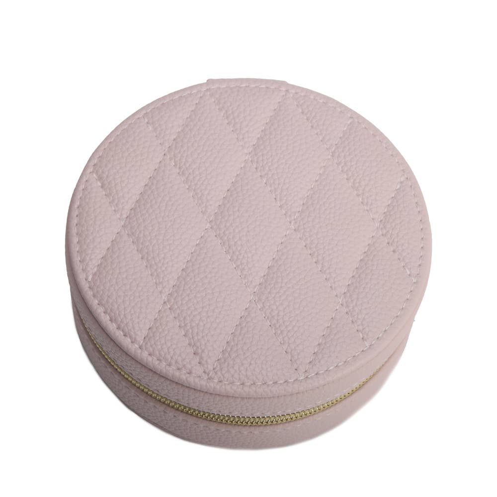 Leah Quilted Round Travel Jewelry Case: Pearl White