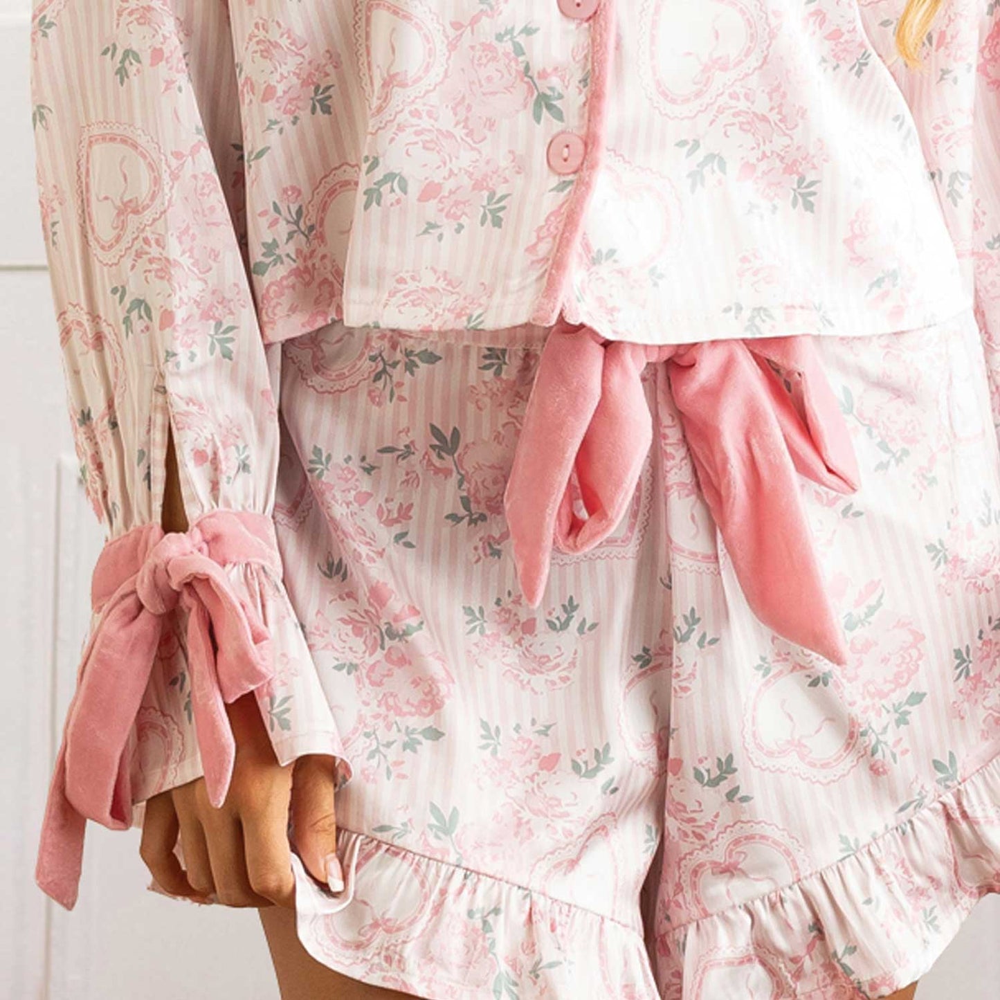 8 Oak Lane - Sweetheart Blooms Satin Ruffle PJ Short Set: XS/S
