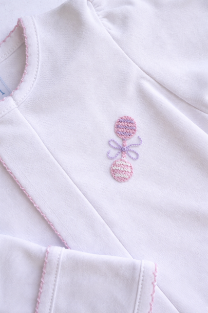 Winn and William - Baby Rattle Sleeper: White with Blue Picot Trim / 3 Month