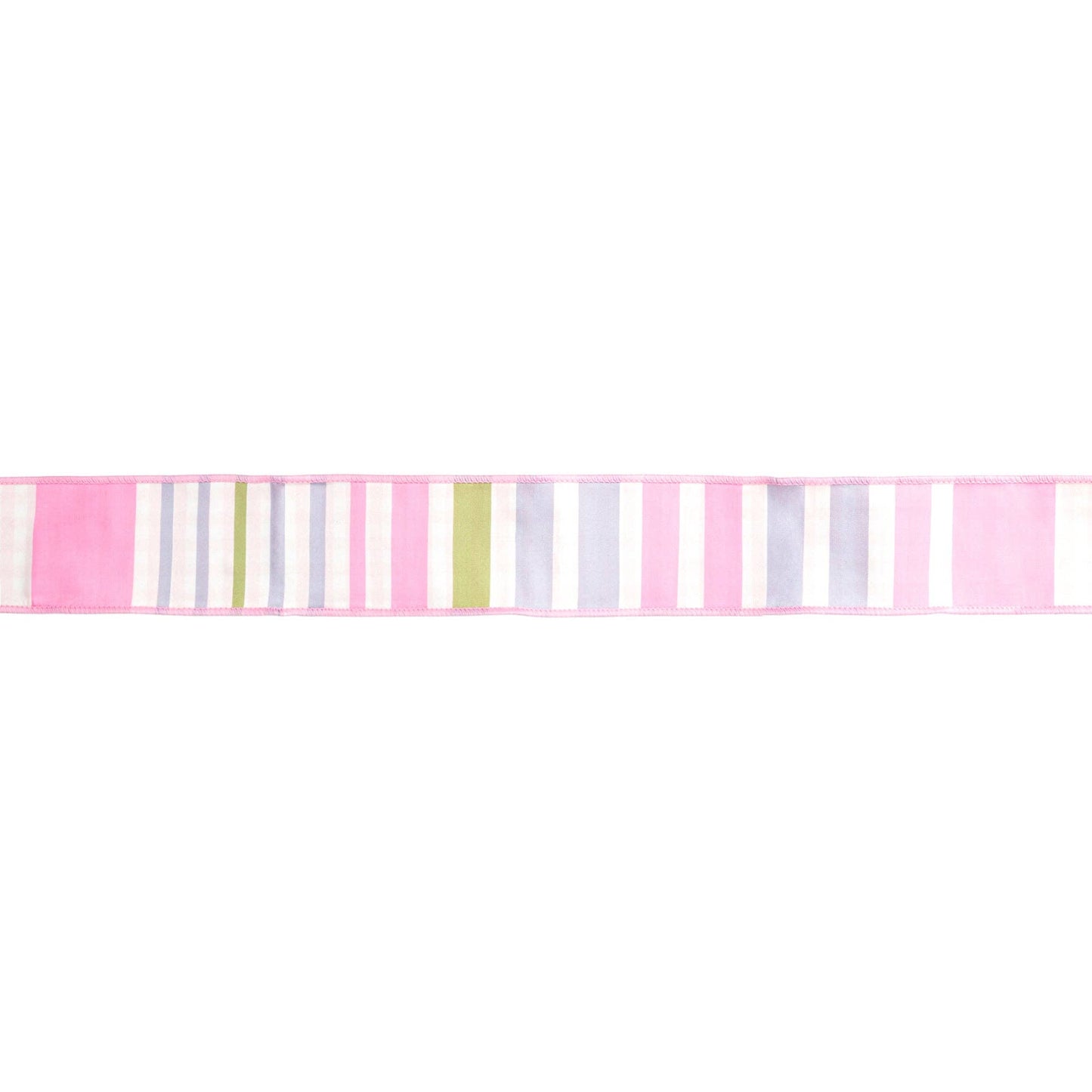 LA Ribbons Wholesale - 2 1/2" Wired Dupioni Ribbon | Green/Pink/Purple Large Horizontal Stripe with Pink Gingham Backing | 10 Yard Roll