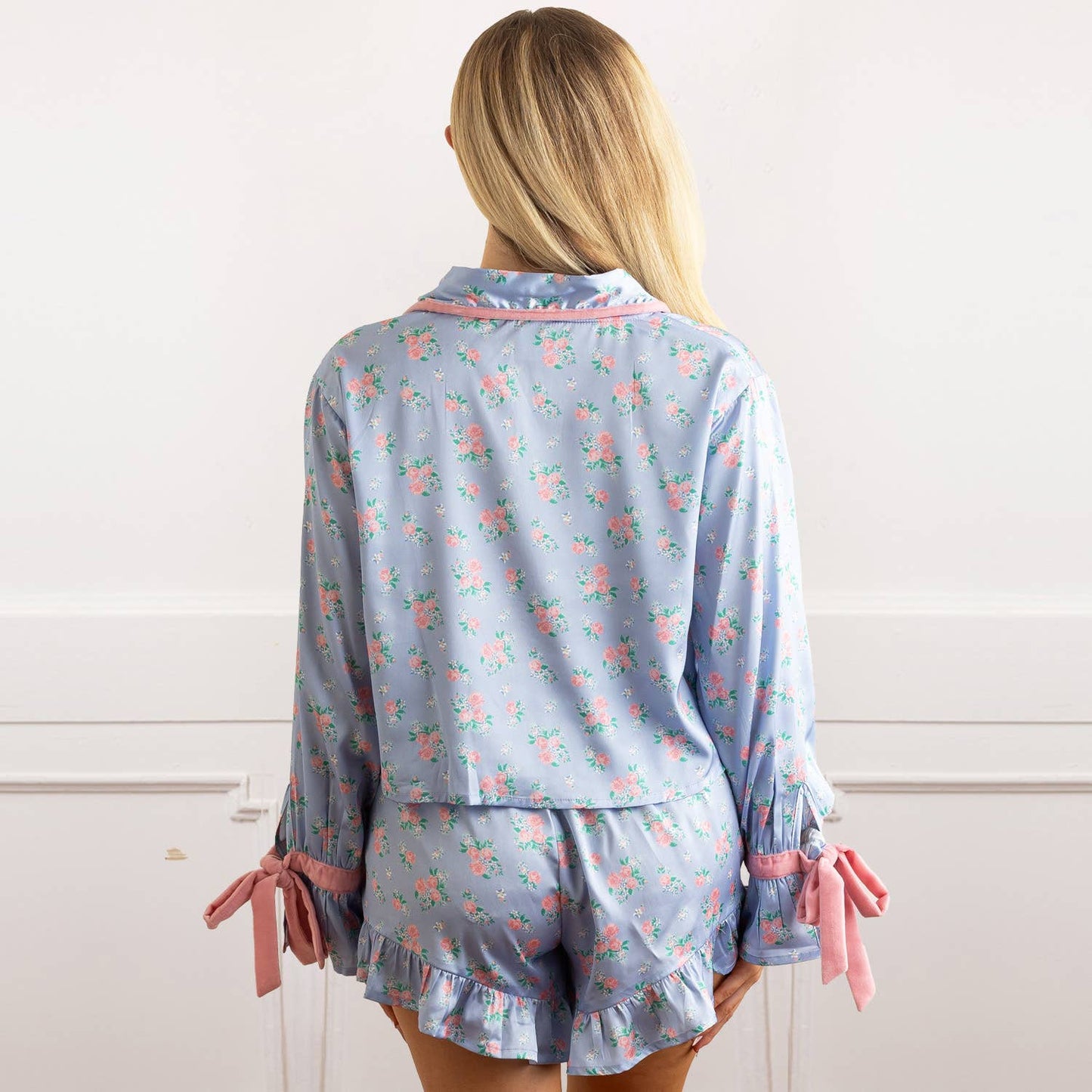 8 Oak Lane - Cottage Floral Periwinkle Satin Ruffle PJ Short Set: M