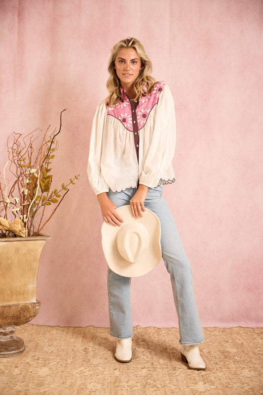 Brooks Avenue - Western Blouse - Embroidered Wildflower Pink: Small