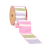 LA Ribbons Wholesale - 2 1/2" Wired Dupioni Ribbon | Green/Pink/Purple Large Horizontal Stripe with Pink Gingham Backing | 10 Yard Roll