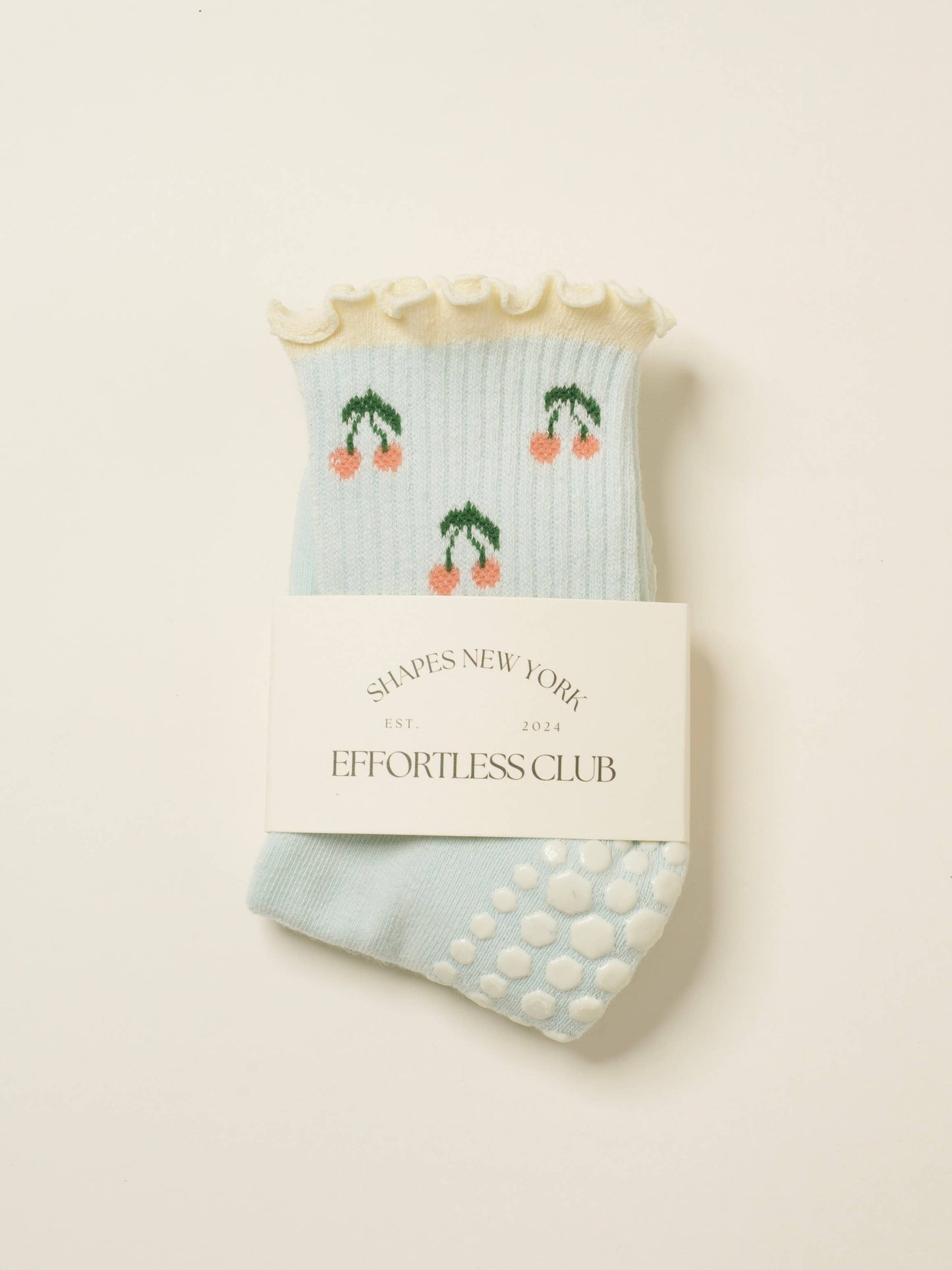 Effortless Club - 🍒 Cherry Ruffle Grip Sock [Baby Blue], Pilates Socks