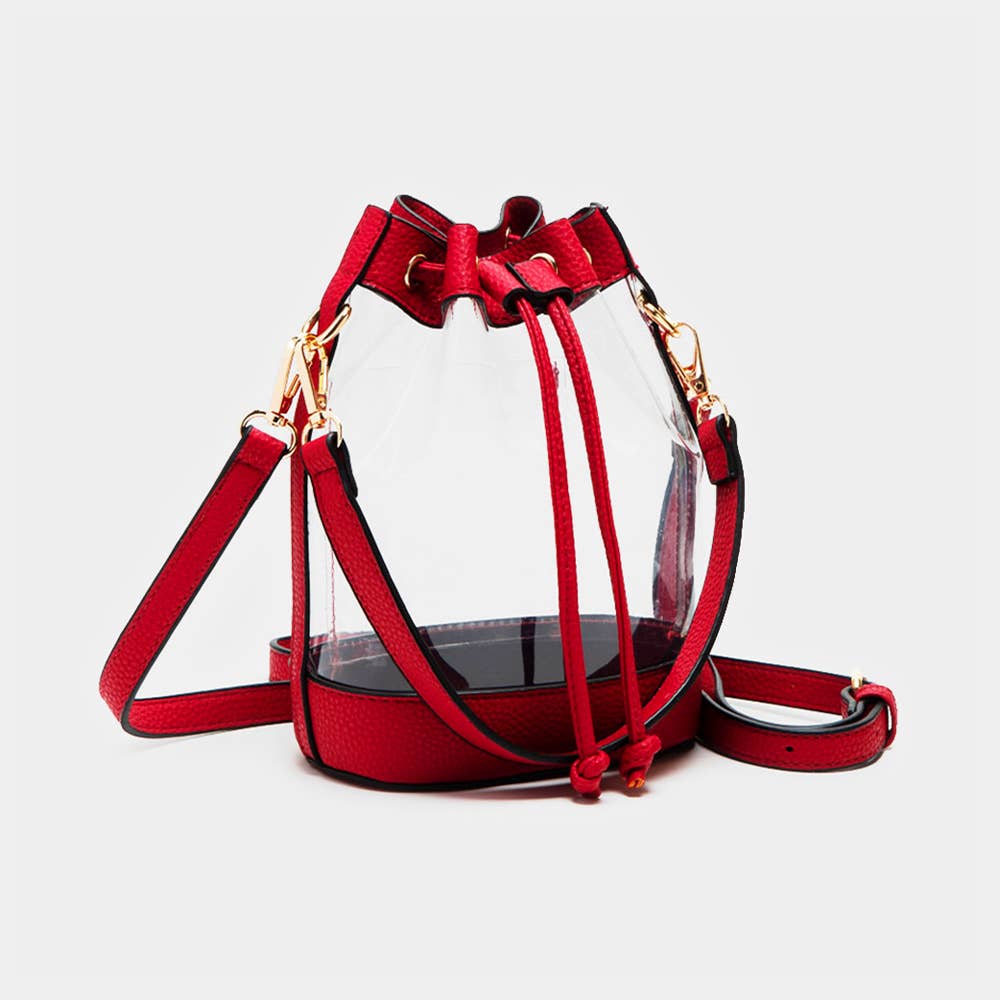 Sensibling Corp. - Solid Faux Leather Transparent Bucket Bag: Red