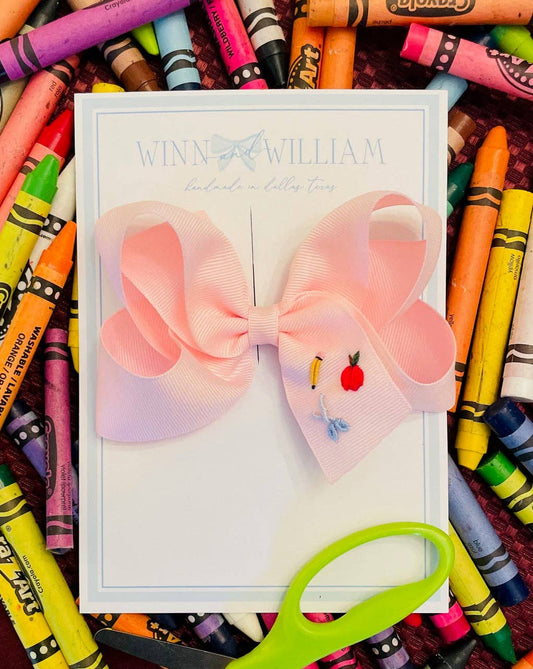 Winn and William - Apples, Pencils, and Scissors Bow: White